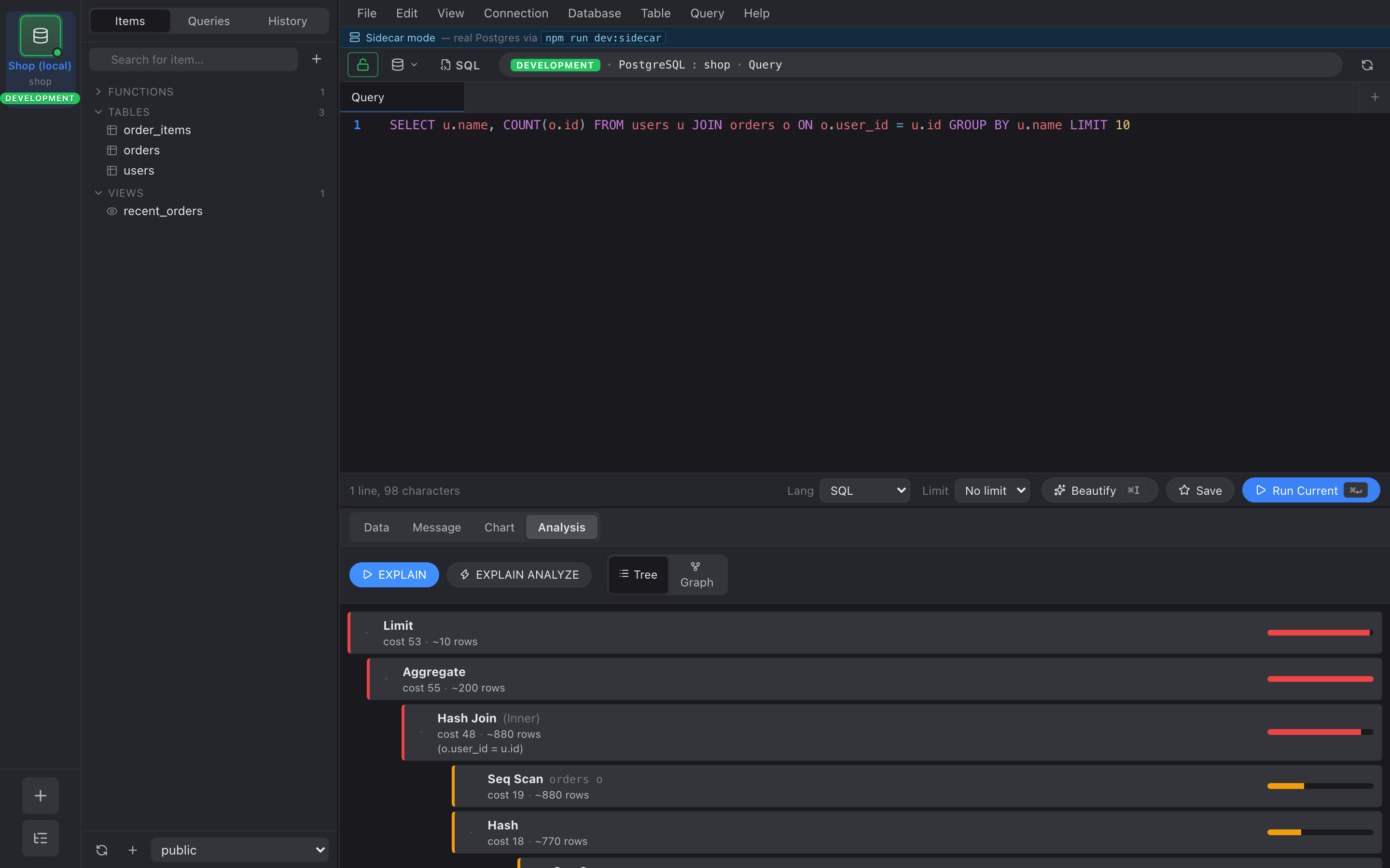 Analysis pane with a hash join