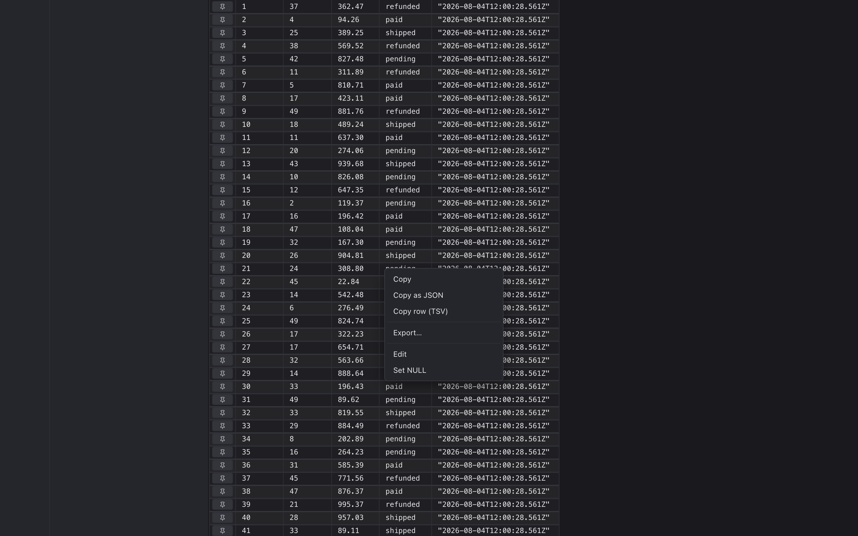 Right-click cell menu
