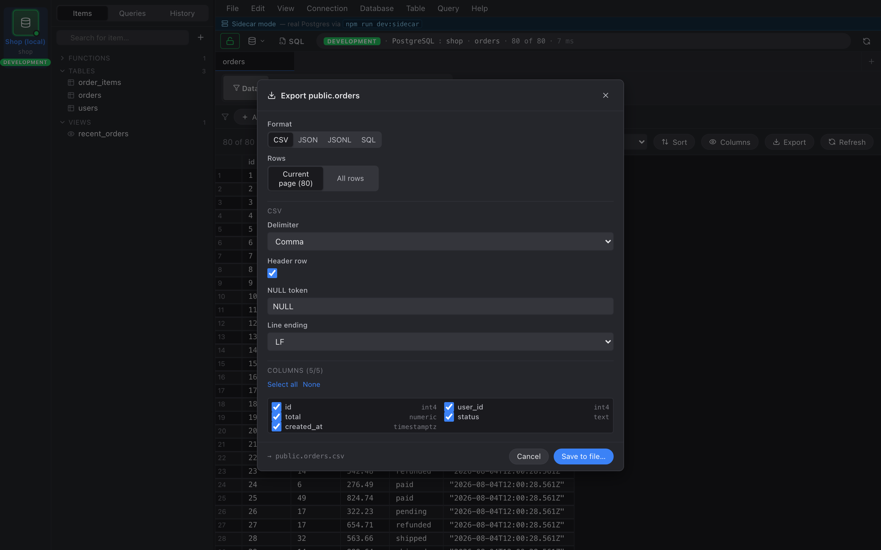 Export dialog
