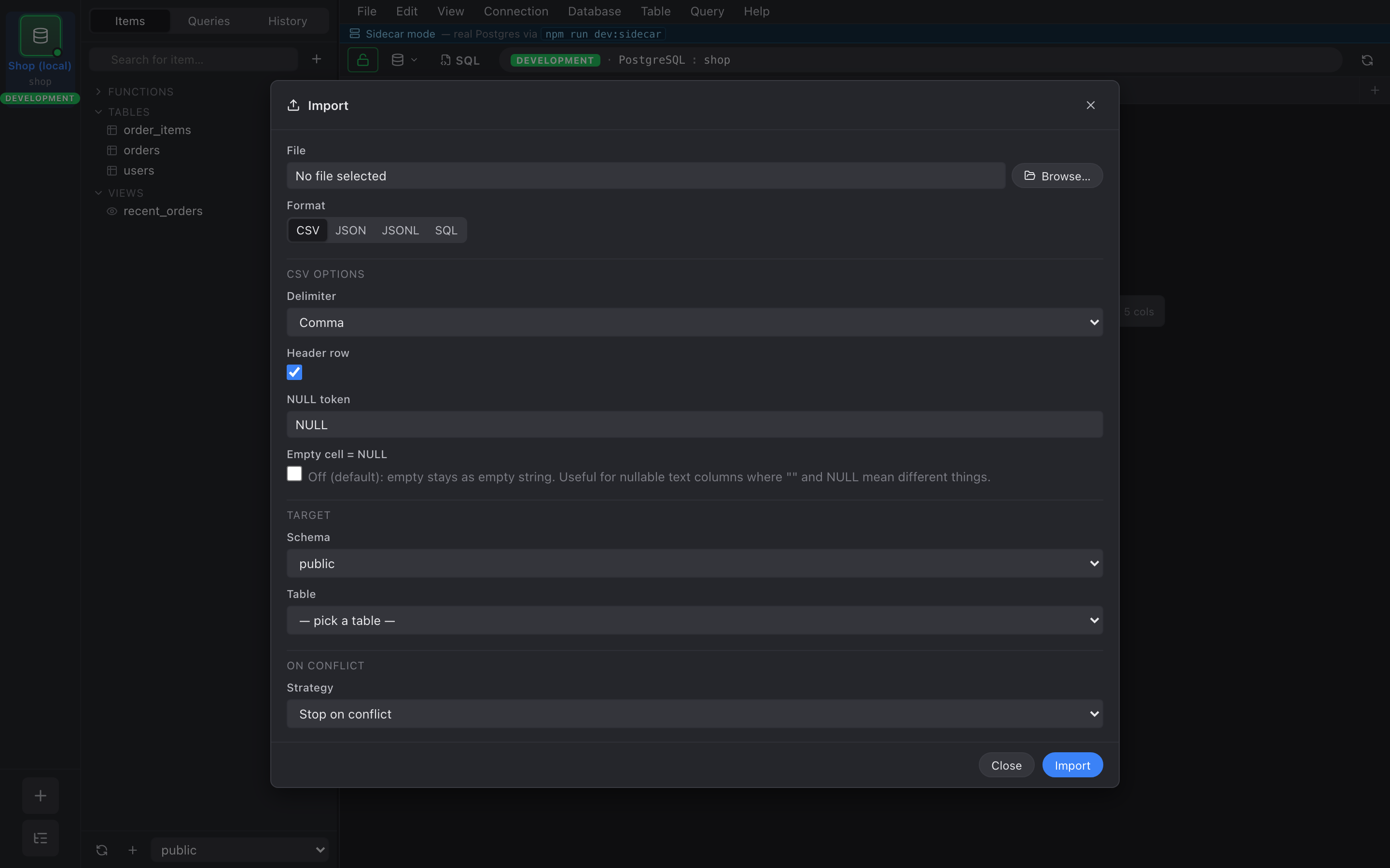 Import dialog