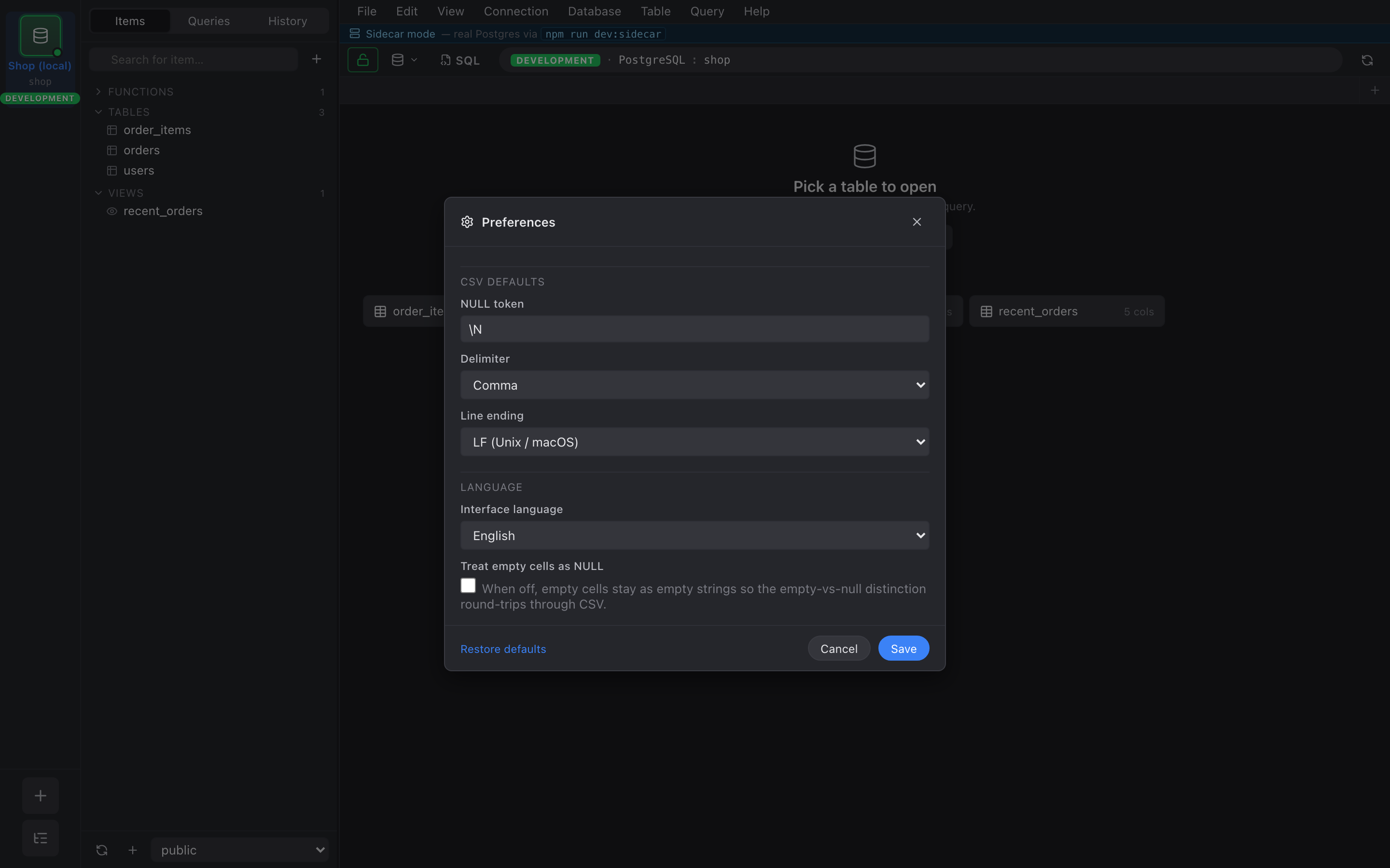 CSV defaults section