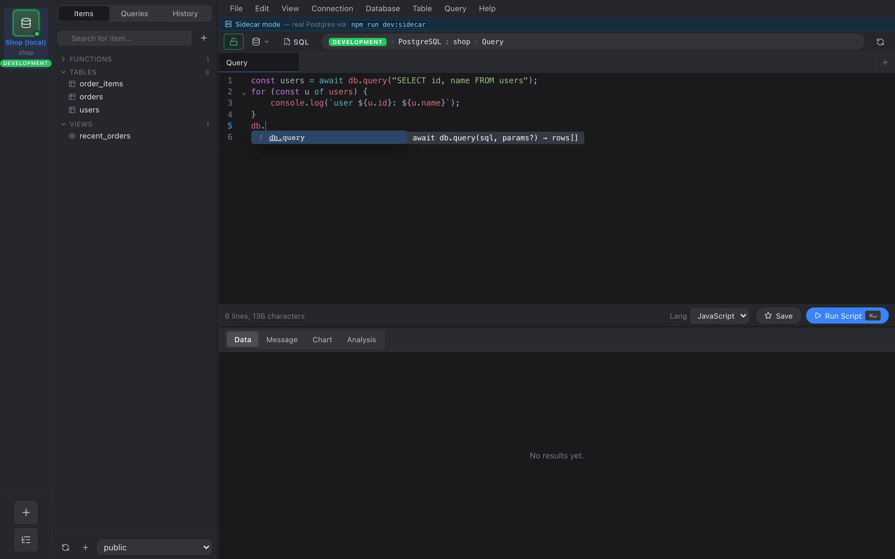 JavaScript scripting mode with a db.query loop